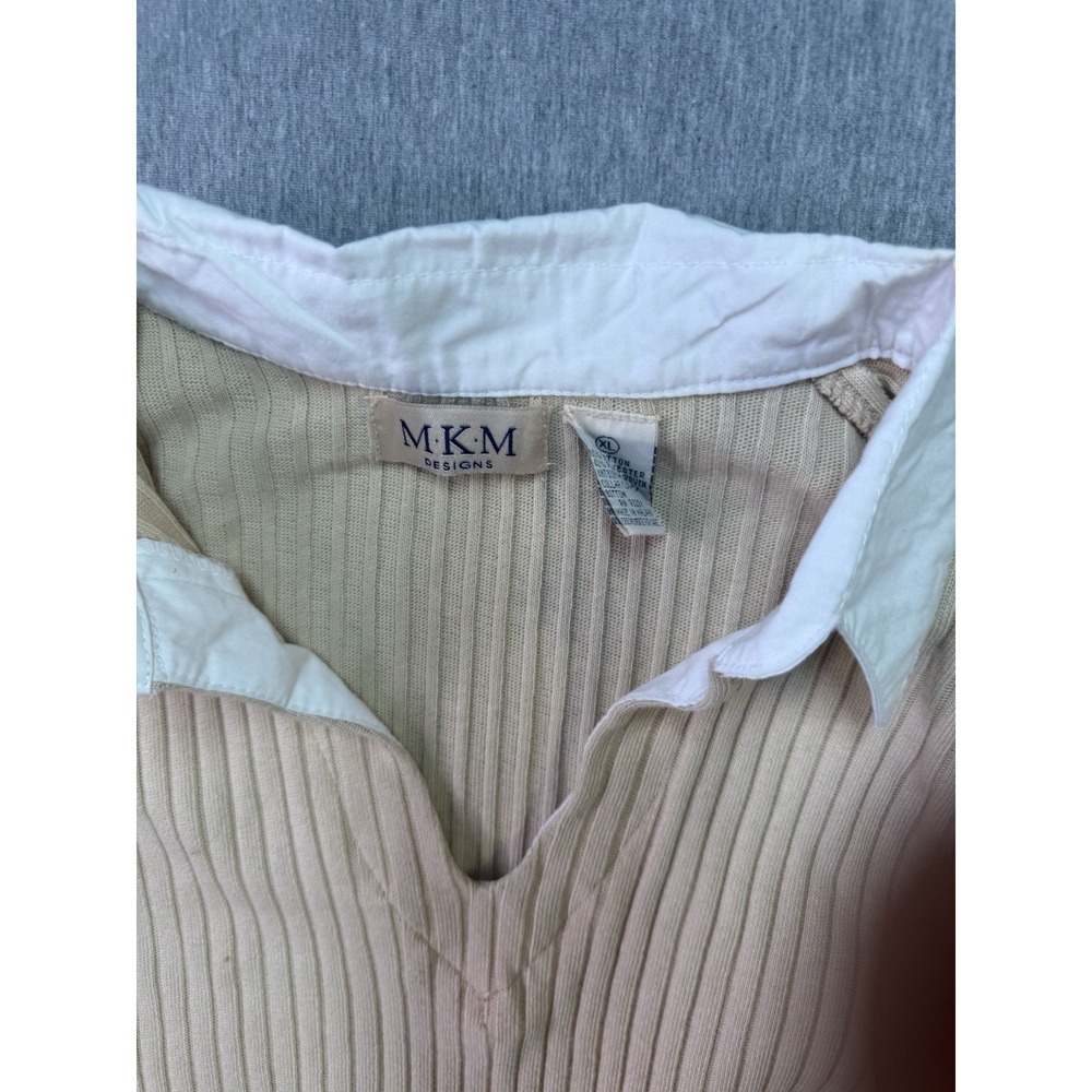 MKM Designs Women's XL Rib Knit Layered Collared Sweater Beige White Top